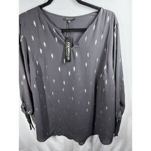 Paper Moon Blouse 1XL Black Silver Metallic Foil Diamond Print V-Neck NWT Plus